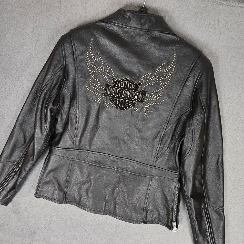 Harley Davidson Leather Jacket Womens Medium Rhinestones Logo Black Biker Moto
